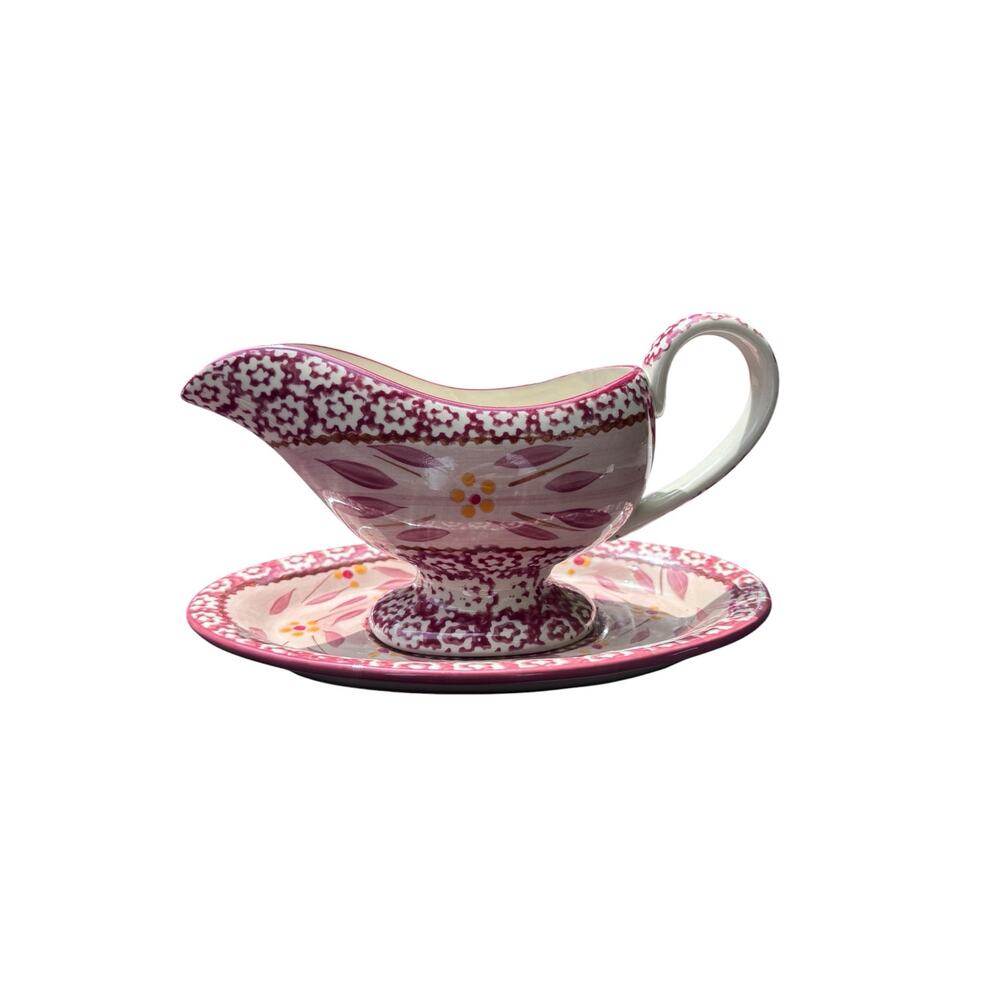 Temptations Old World Cranberry in Red Gravy Boat Set With Underplate Farmhouse